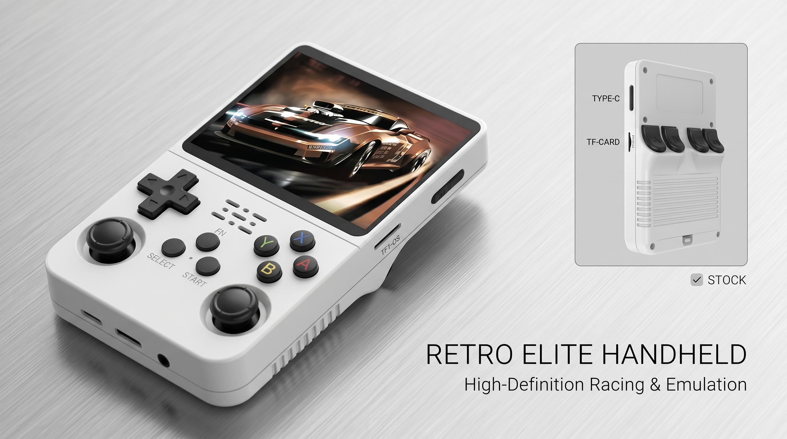 Retro Elite Handheld gaming console with racing game on screen and TI-84 Plus calculator model on gray background