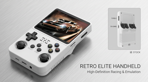 Retro Elite Handheld gaming console with racing game on screen and TI-84 Plus calculator model on gray background